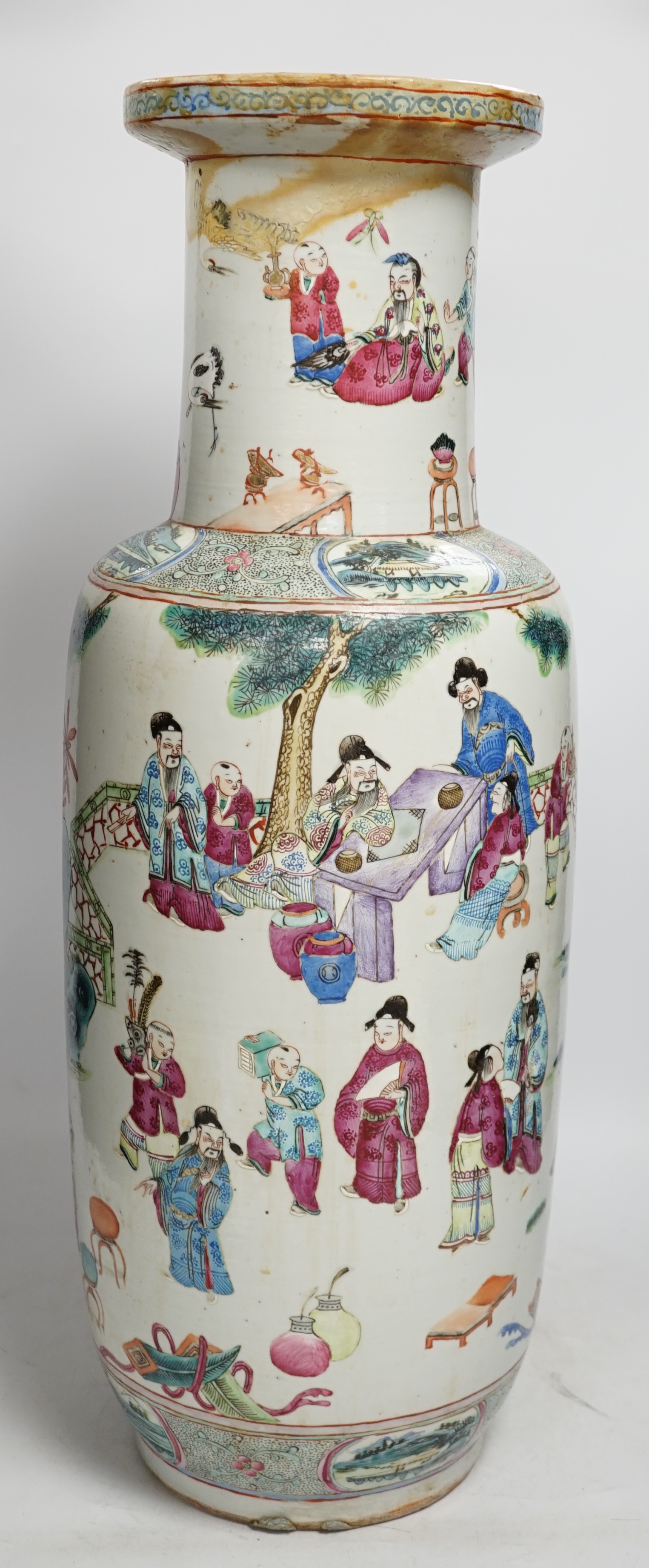 A large 19th century Chinese famille rose rouleau vase, 64cm. Condition - rim and neck have discoloured restored, otherwise fair